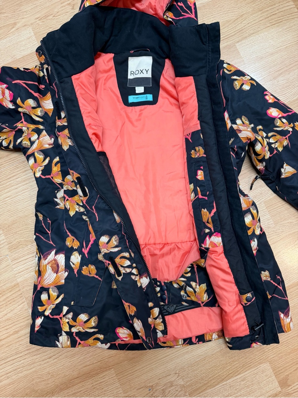 Roxy Womens L DryFlight 10K Floral Hooded Insulated Snow Ski Jacket Black - Picture 12 of 16